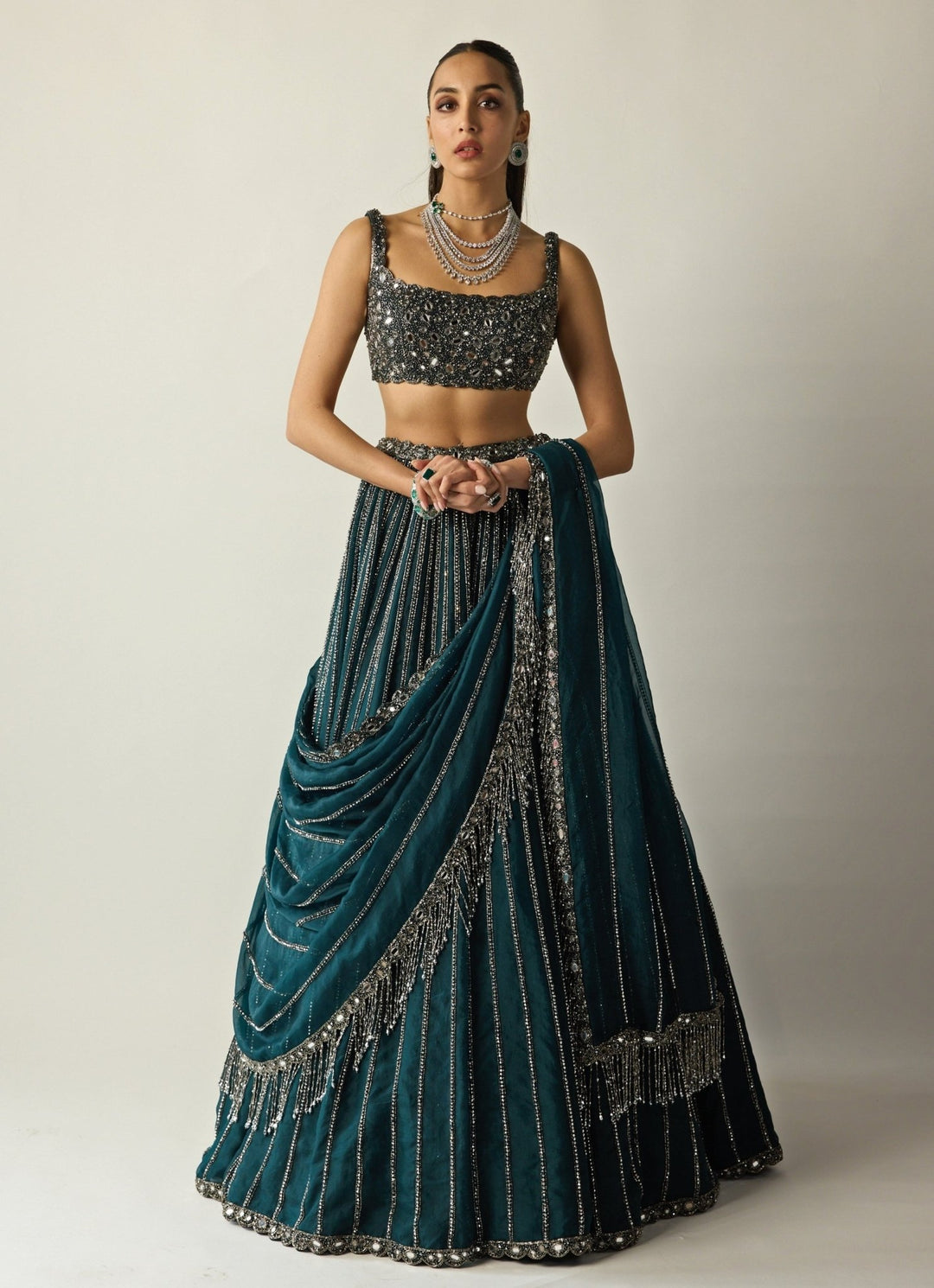 Dark Teal Green Linear Organza Lehenga Set Vvani by Vani Vats - Fabilicious Fashion