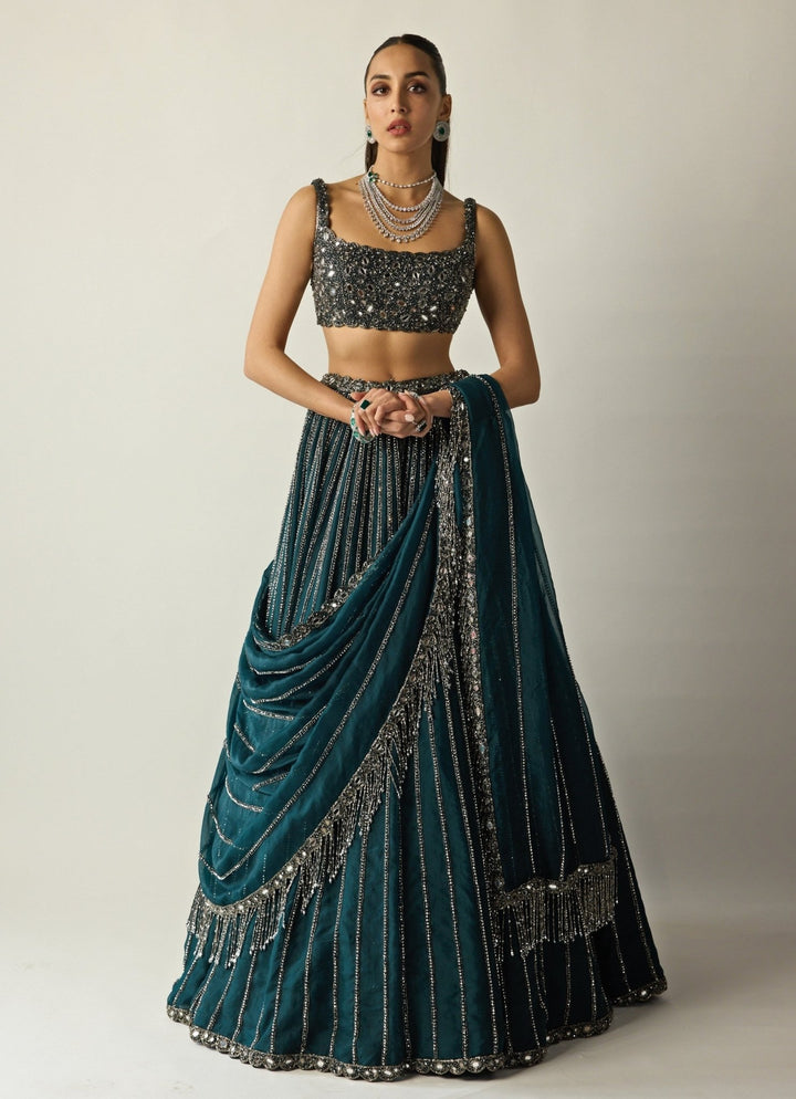 Dark Teal Green Linear Organza Lehenga Set Vvani by Vani Vats - Fabilicious Fashion