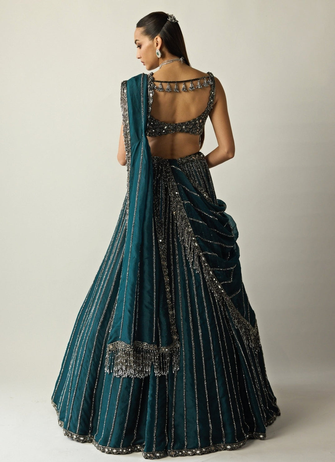Dark Teal Green Linear Organza Lehenga Set Vvani by Vani Vats - Fabilicious Fashion