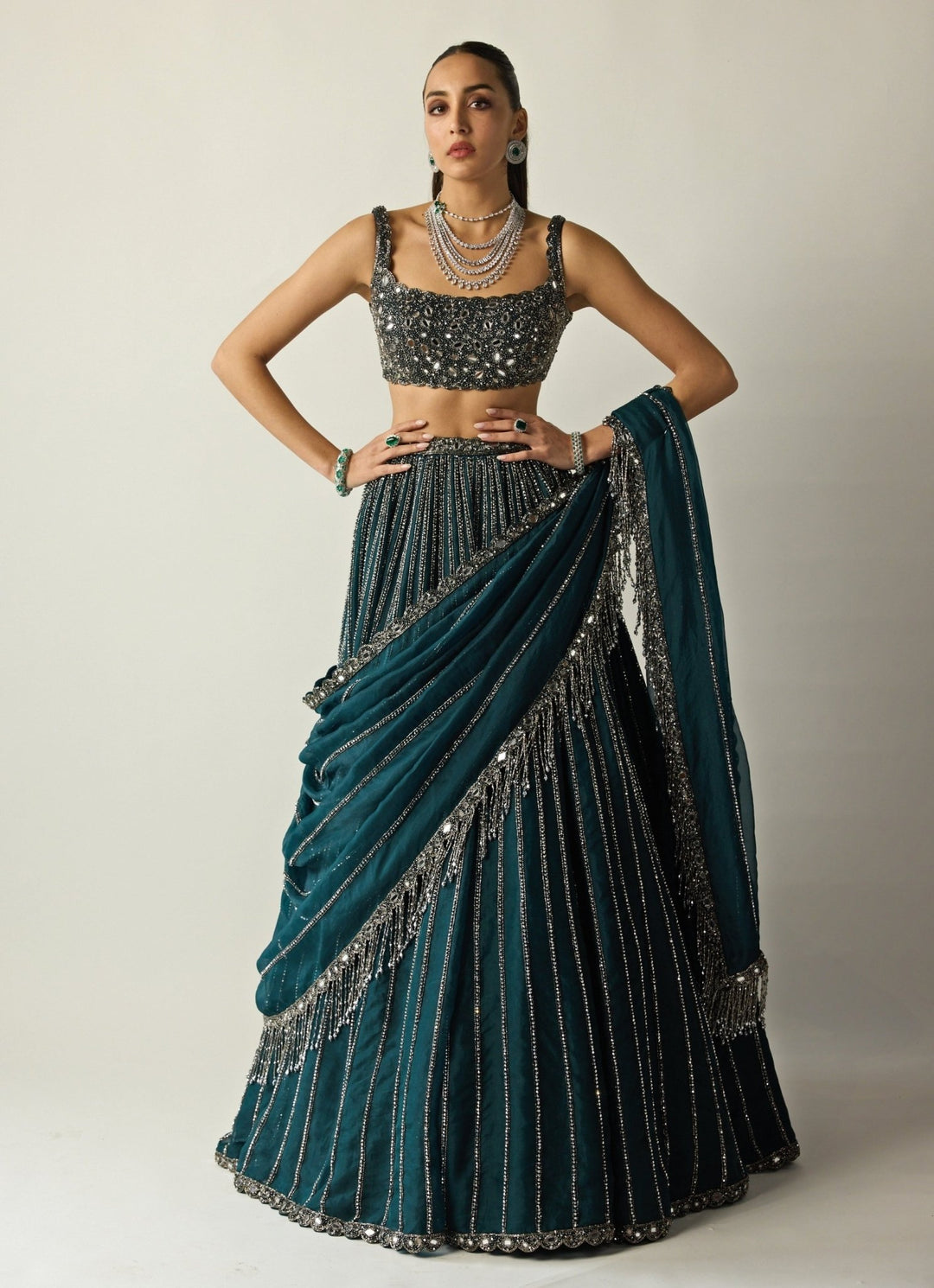 Dark Teal Green Linear Organza Lehenga Set Vvani by Vani Vats - Fabilicious Fashion