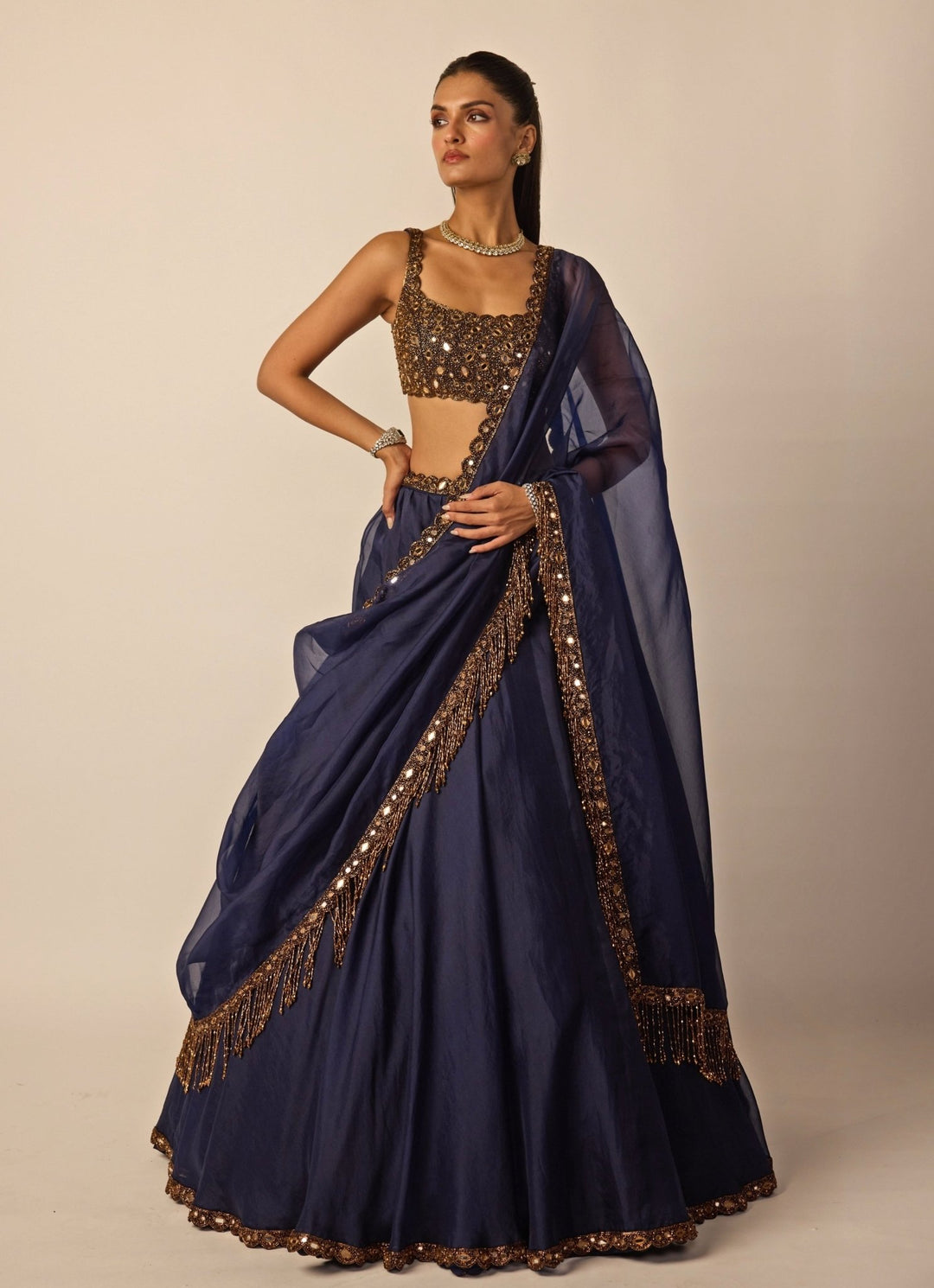 Deep Blue And Copper Organza Lehenga Set Vvani by Vani Vats - Fabilicious Fashion