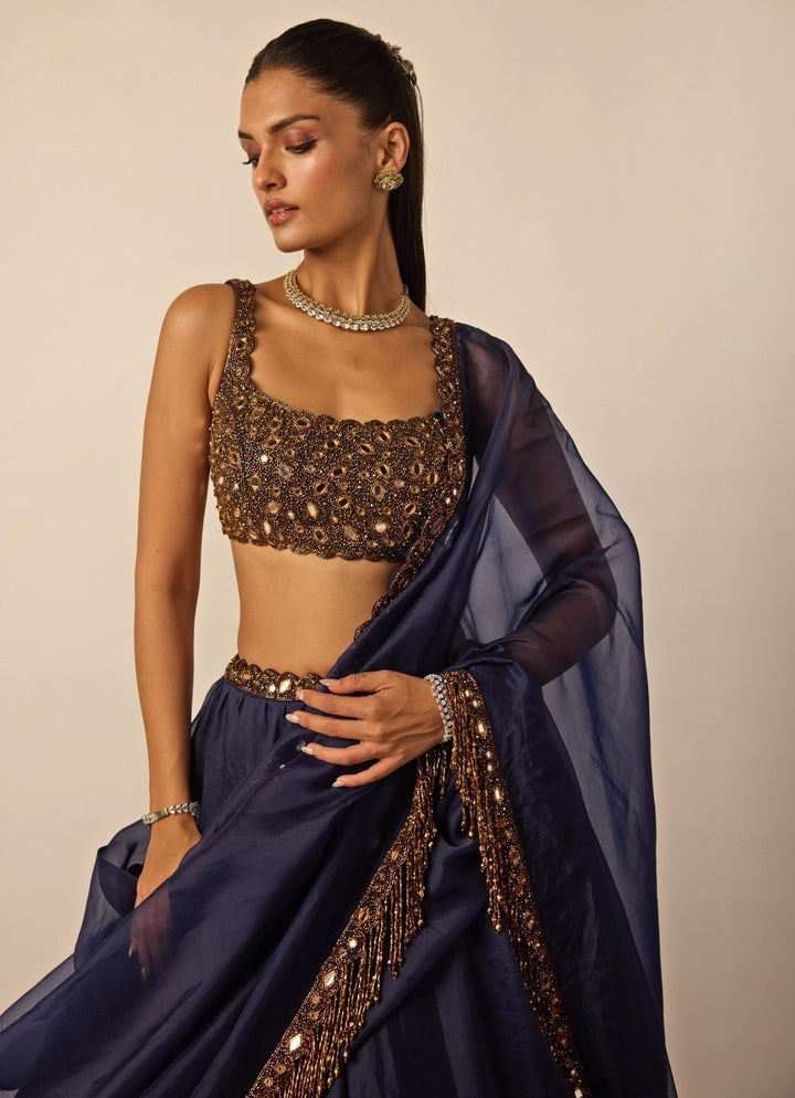 Deep Blue And Copper Organza Lehenga Set Vvani by Vani Vats - Fabilicious Fashion