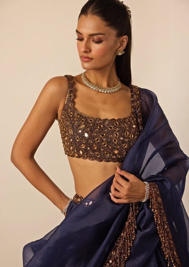 Deep Blue And Copper Organza Lehenga Set Vvani by Vani Vats - Fabilicious Fashion