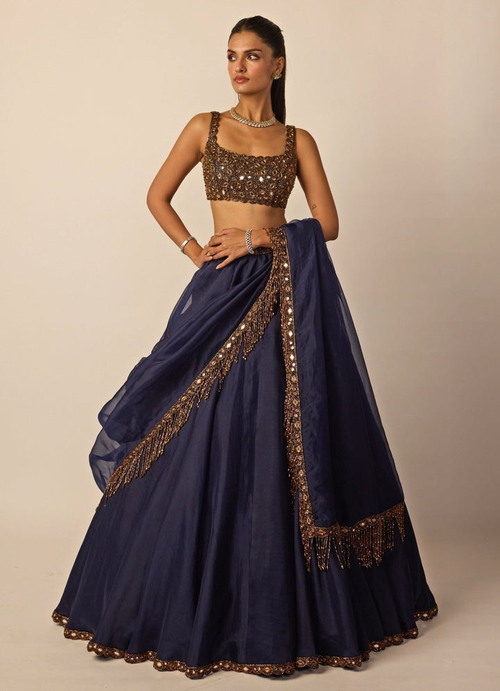 Deep Blue And Copper Organza Lehenga Set Vvani by Vani Vats - Fabilicious Fashion