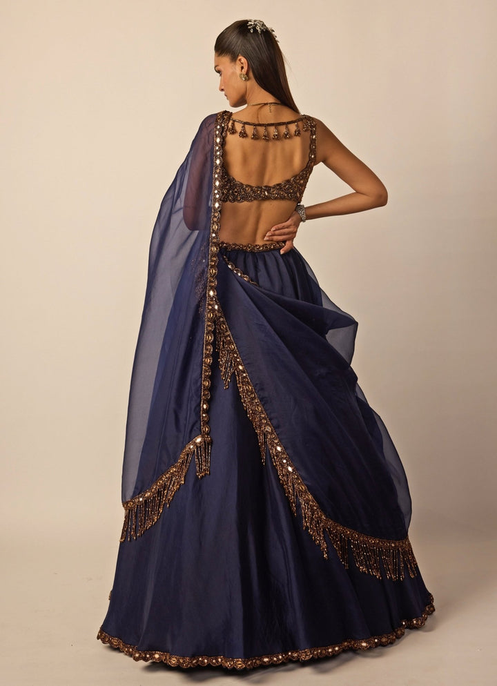 Deep Blue And Copper Organza Lehenga Set Vvani by Vani Vats - Fabilicious Fashion