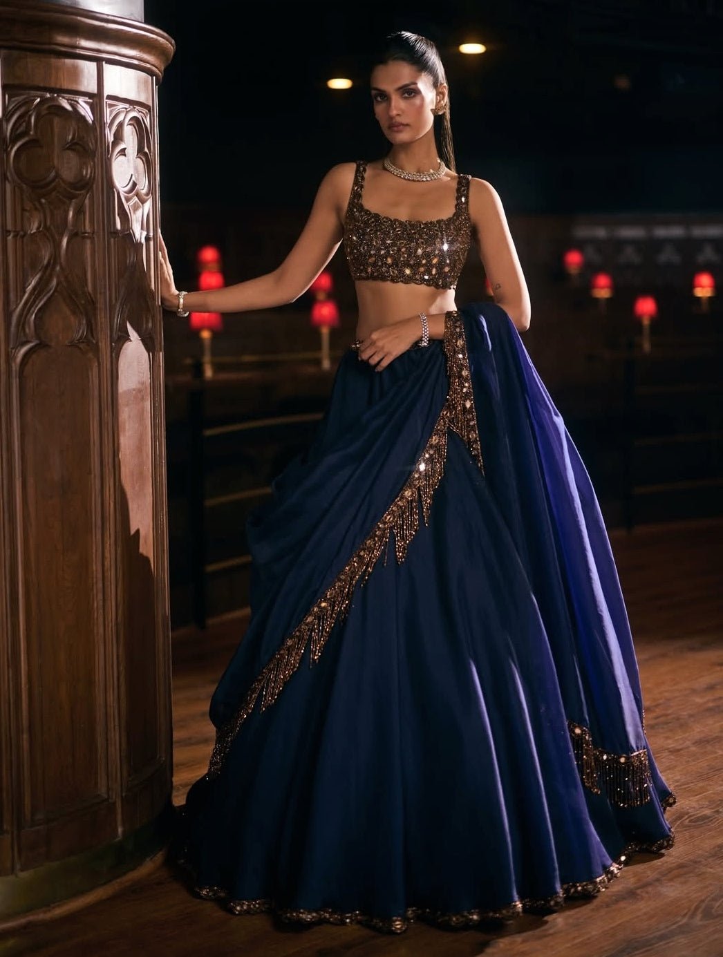 Deep Blue And Copper Organza Lehenga Set Vvani by Vani Vats - Fabilicious Fashion
