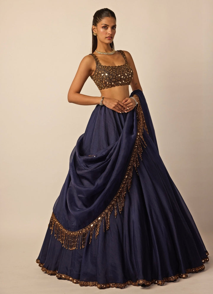 Deep Blue And Copper Organza Lehenga Set Vvani by Vani Vats - Fabilicious Fashion