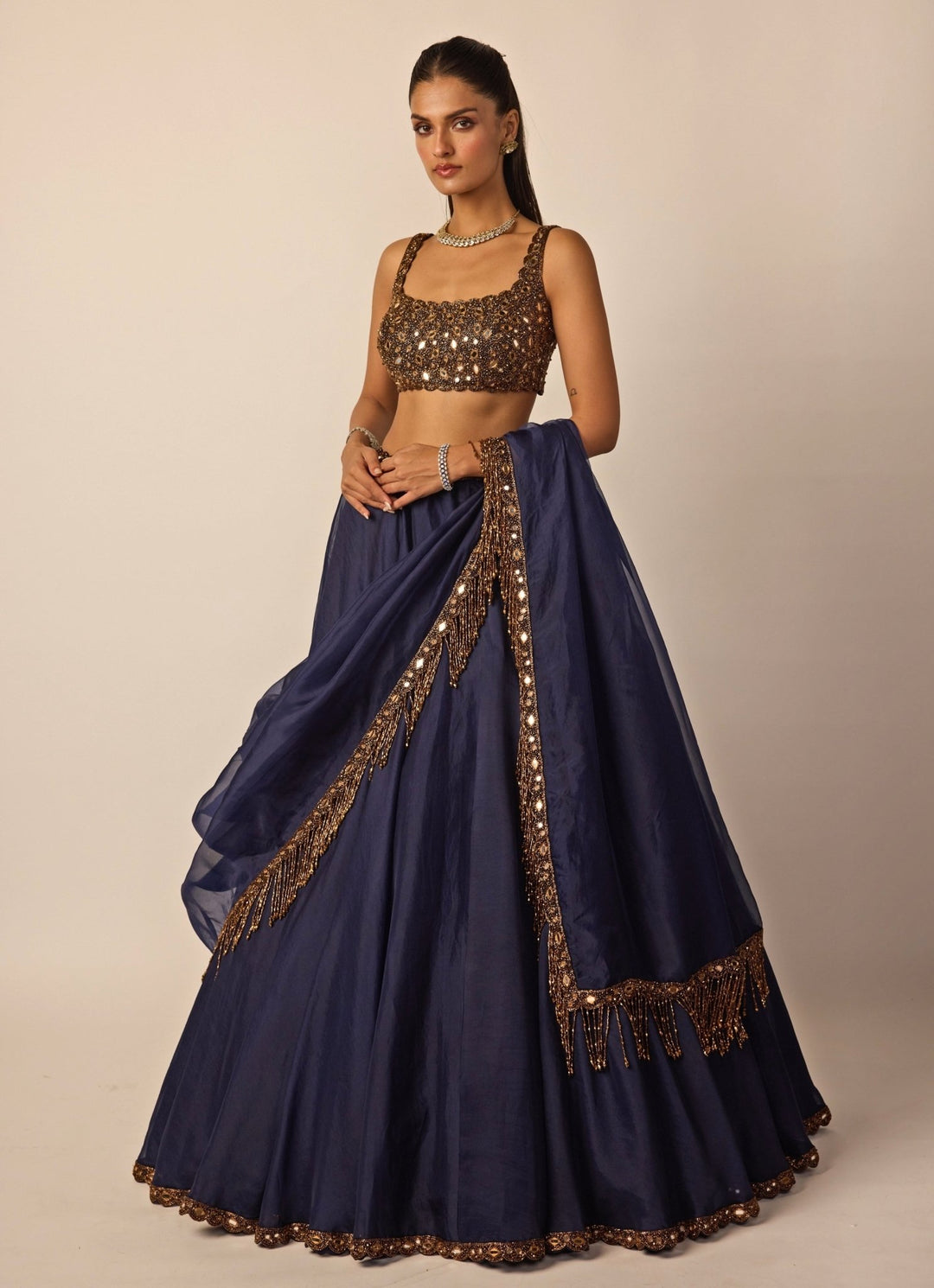 Deep Blue And Copper Organza Lehenga Set Vvani by Vani Vats - Fabilicious Fashion