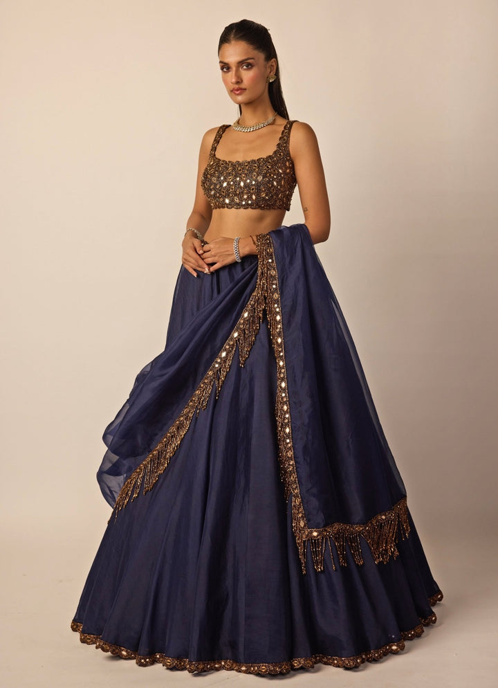 Deep Blue And Copper Organza Lehenga Set Vvani by Vani Vats - Fabilicious Fashion