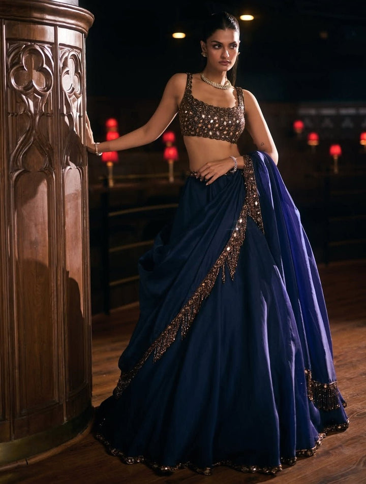 Deep Blue And Copper Organza Lehenga Set Vvani by Vani Vats - Fabilicious Fashion