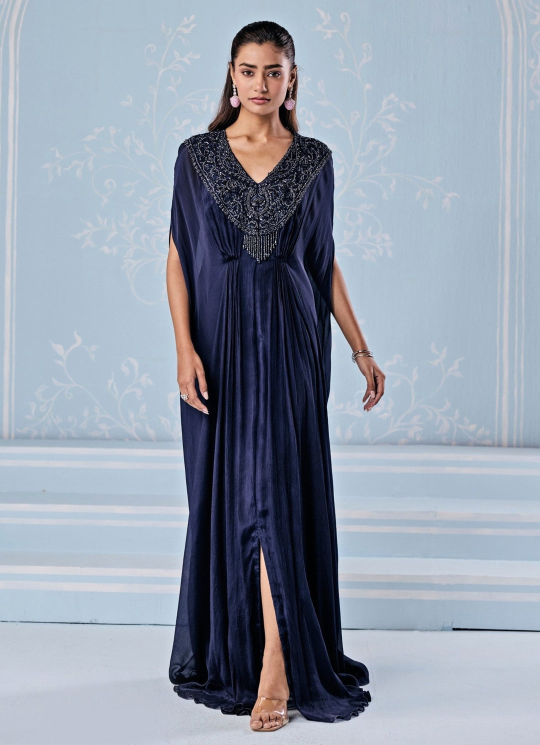 silk chiffon kaftan dress NicoBlu Luna Chiffon Kaftan in Pale Blue Ombre and Embellishment XL