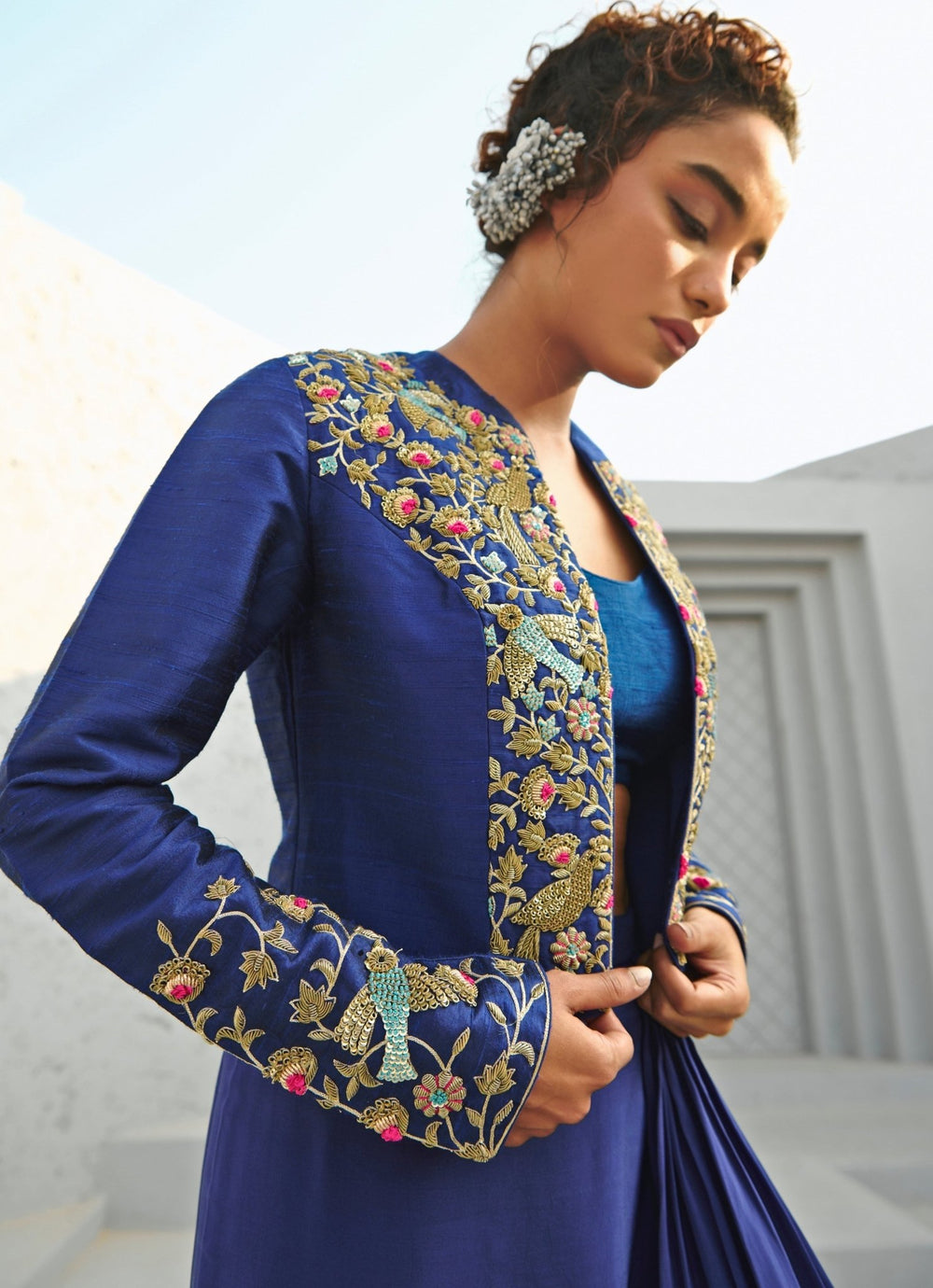Deep Blue Draped Skirt Set With Embroidered Jacket Chamee and Palak - Fabilicious Fashion