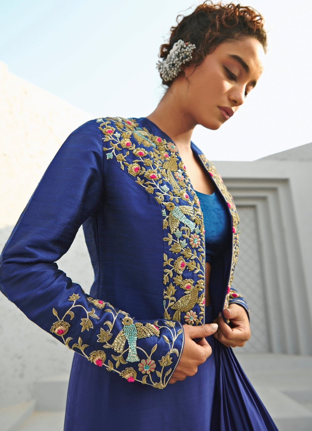Deep Blue Draped Skirt Set With Embroidered Jacket Chamee and Palak - Fabilicious Fashion