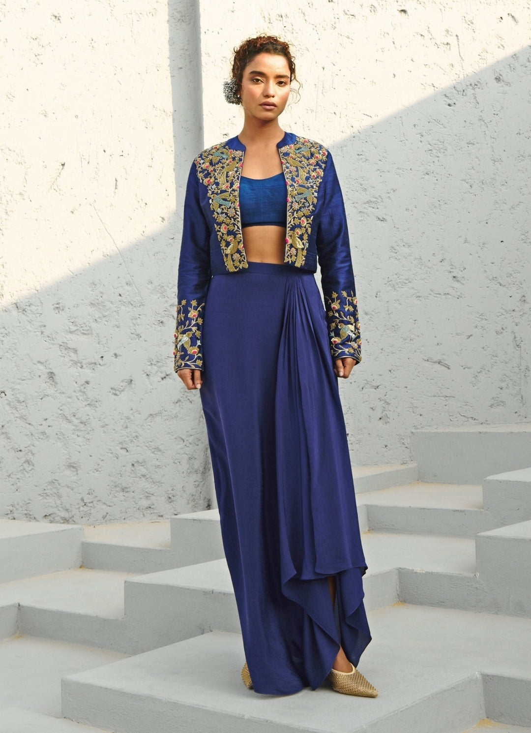 Deep Blue Draped Skirt Set With Embroidered Jacket Chamee and Palak - Fabilicious Fashion