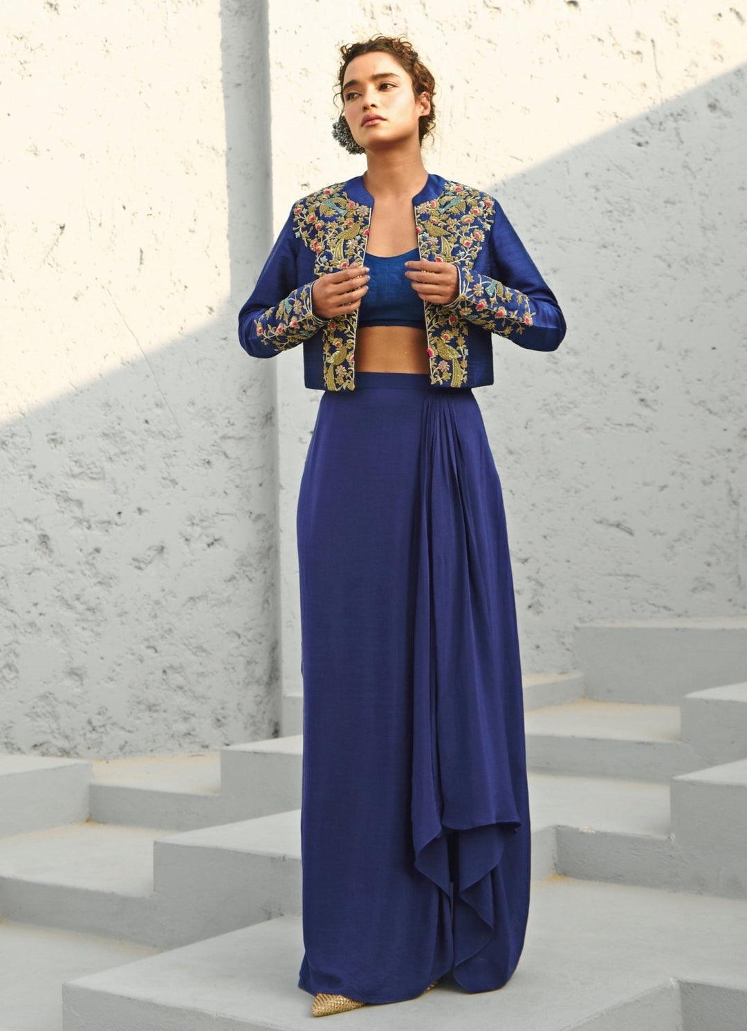 Deep Blue Draped Skirt Set With Embroidered Jacket Chamee and Palak - Fabilicious Fashion