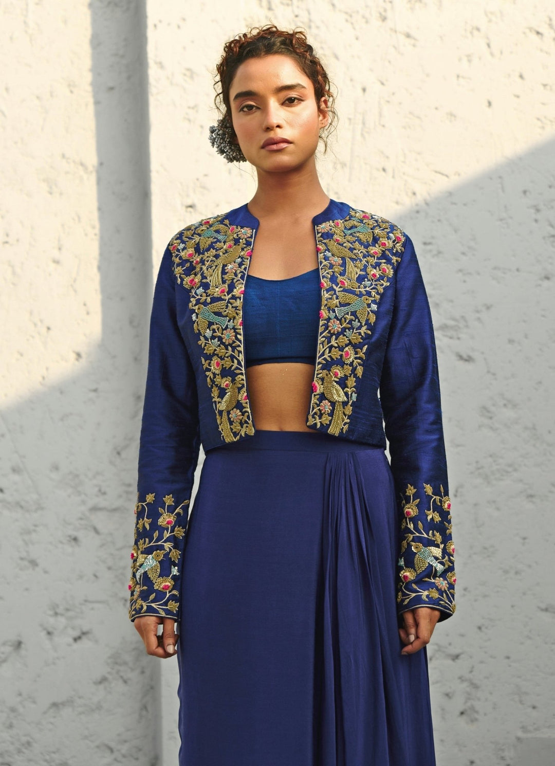 Deep Blue Draped Skirt Set With Embroidered Jacket Chamee and Palak - Fabilicious Fashion