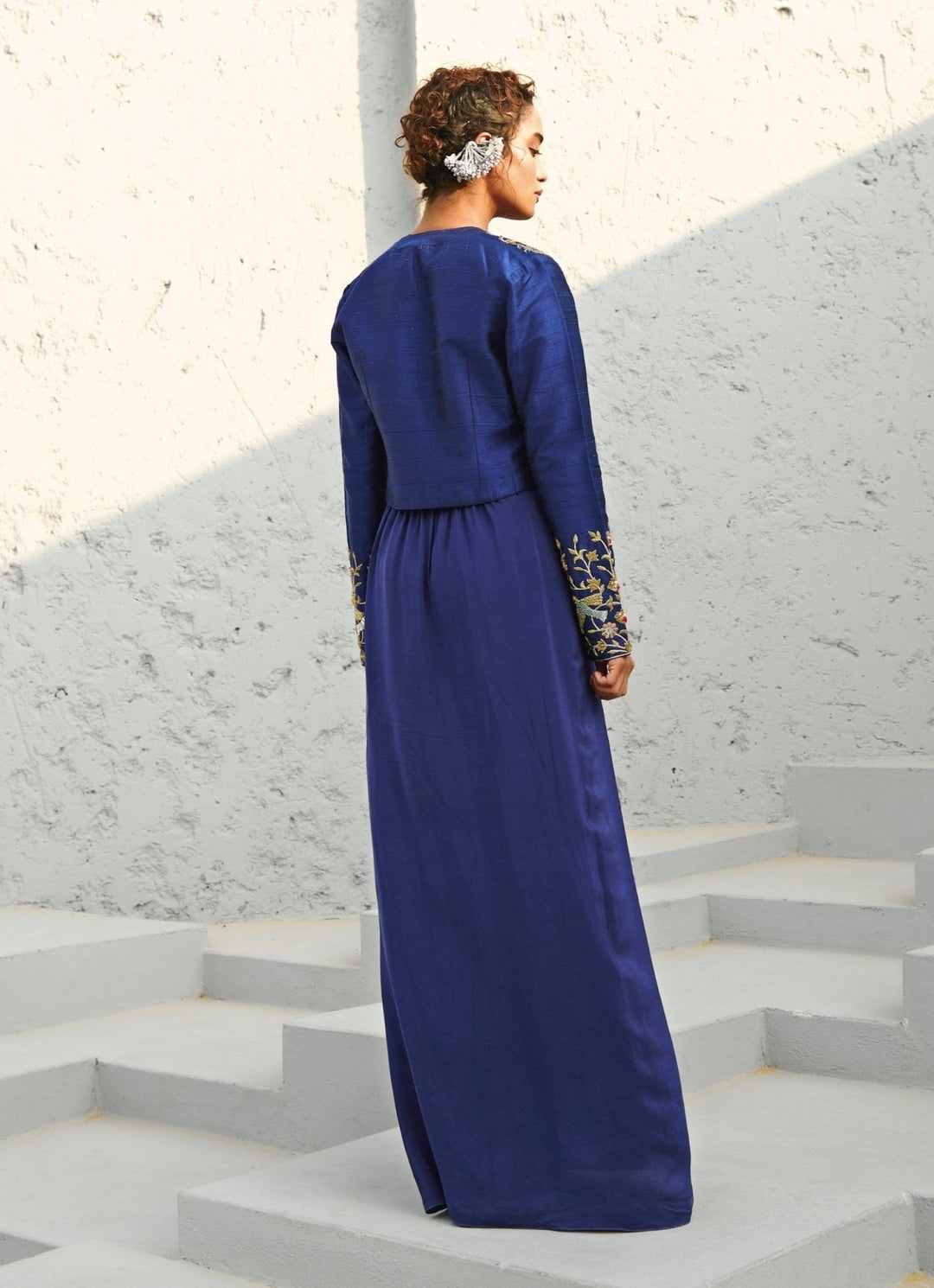 Deep Blue Draped Skirt Set With Embroidered Jacket Chamee and Palak - Fabilicious Fashion