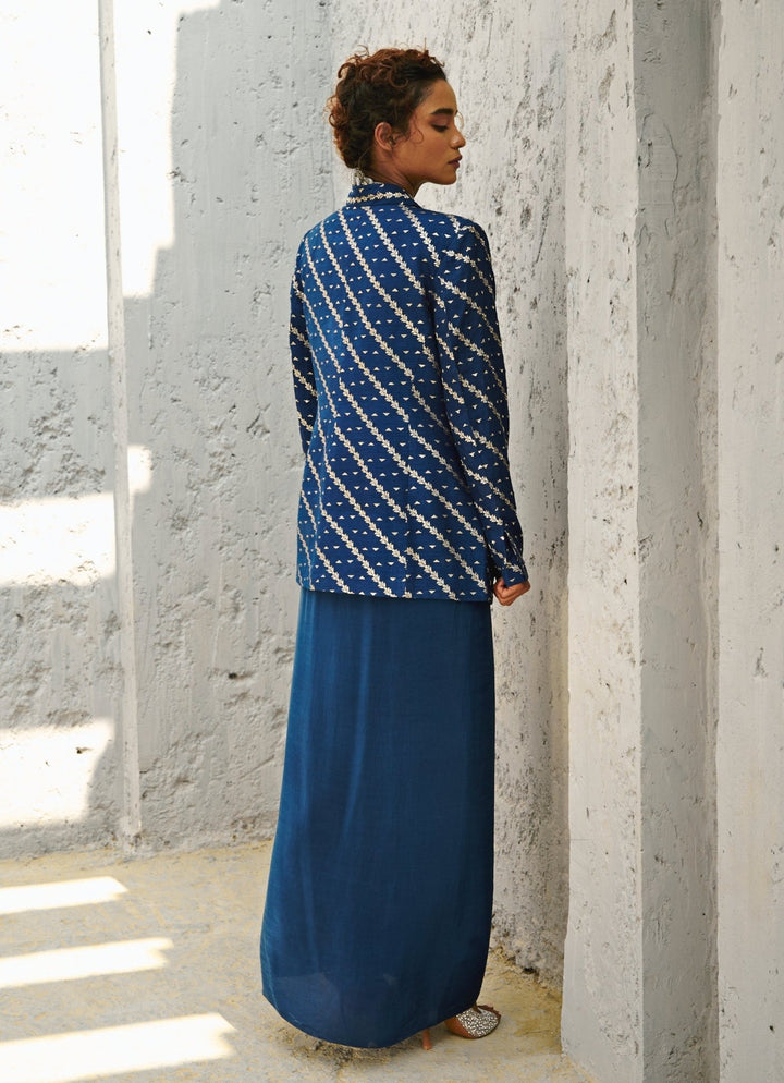 Deep Blue Draped Skirt With Embroidered Blazer Chamee and Palak - Fabilicious Fashion