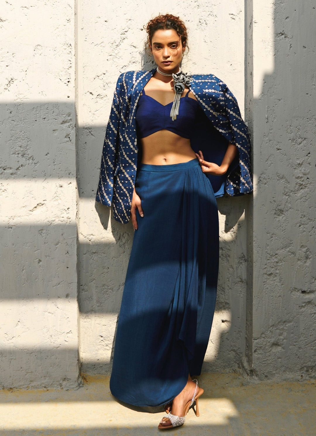 Deep Blue Draped Skirt With Embroidered Blazer Chamee and Palak - Fabilicious Fashion