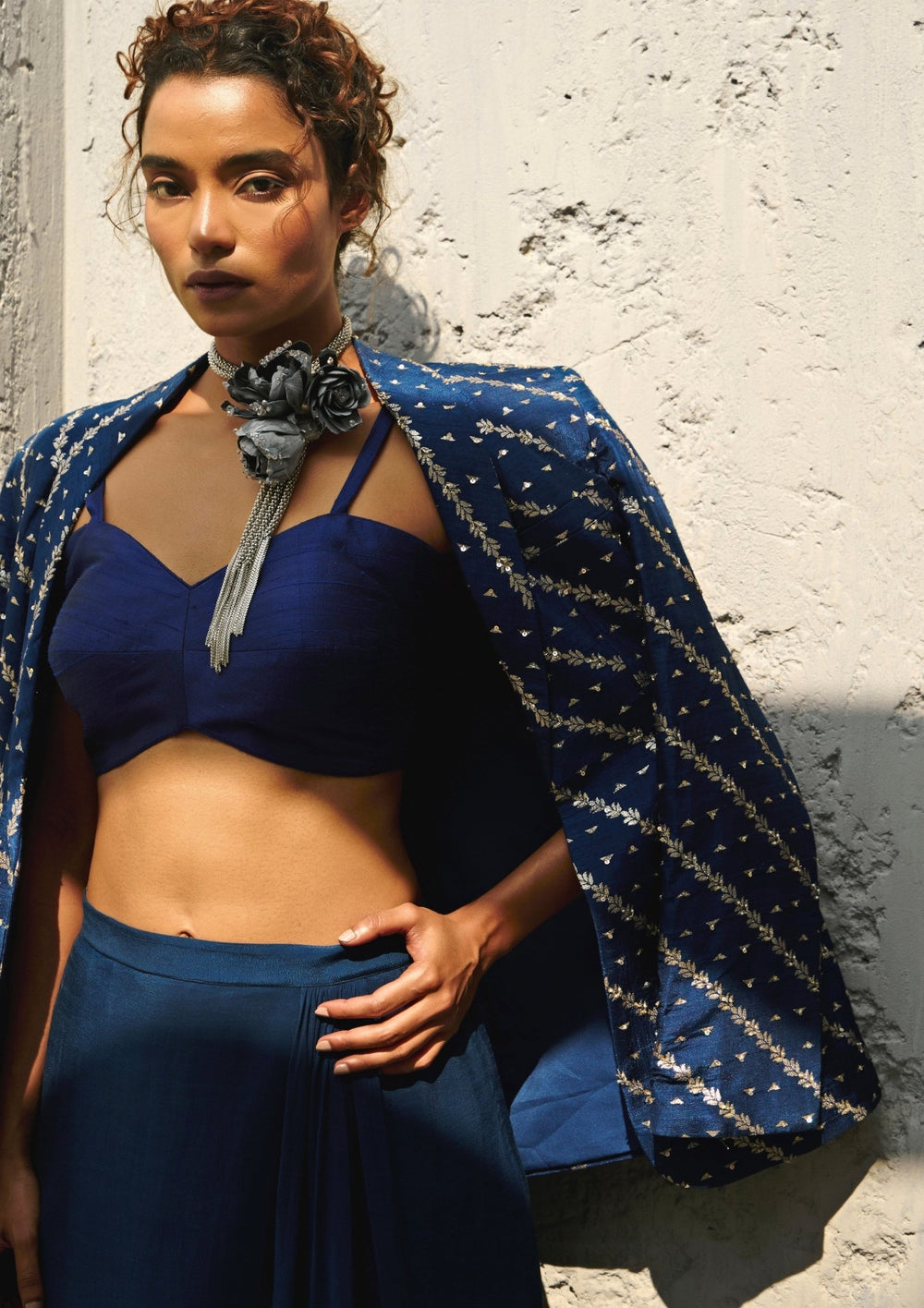 Deep Blue Draped Skirt With Embroidered Blazer Chamee and Palak - Fabilicious Fashion