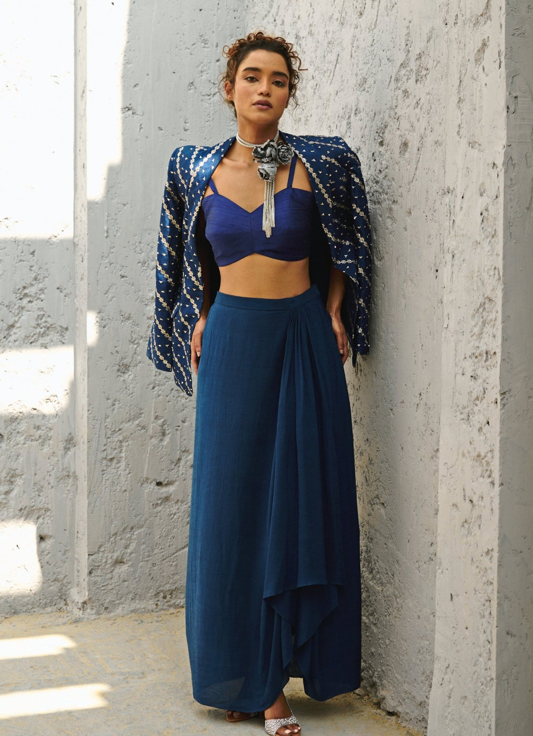 Deep Blue Draped Skirt With Embroidered Blazer Chamee and Palak - Fabilicious Fashion