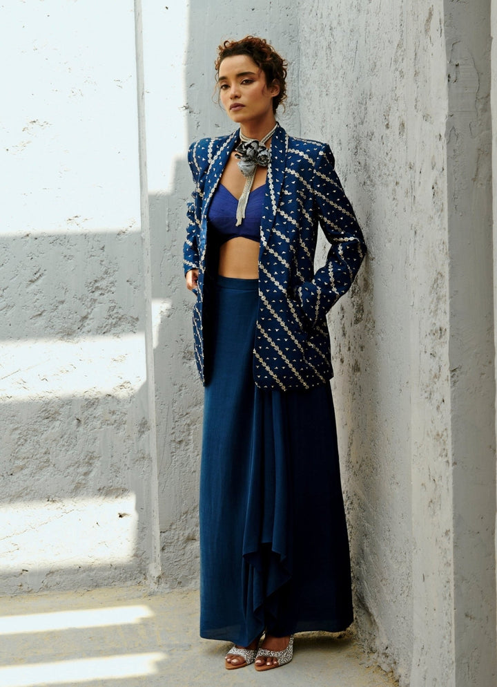 Deep Blue Draped Skirt With Embroidered Blazer Chamee and Palak - Fabilicious Fashion
