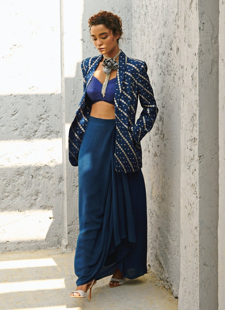 Deep Blue Draped Skirt With Embroidered Blazer Chamee and Palak - Fabilicious Fashion
