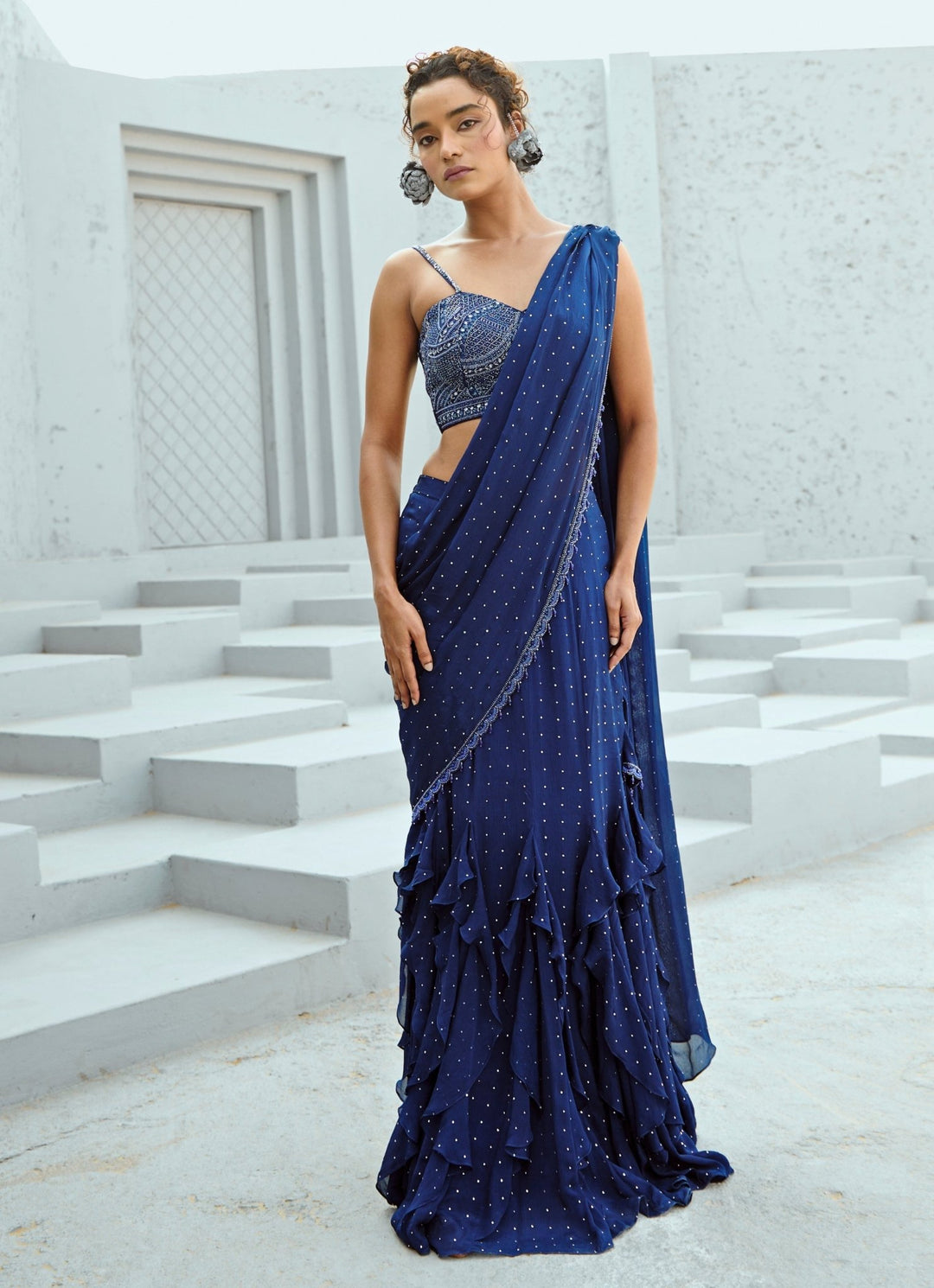 Deep Blue Embroidered And Pre Stitched Georgette Saree Chamee and Palak - Fabilicious Fashion