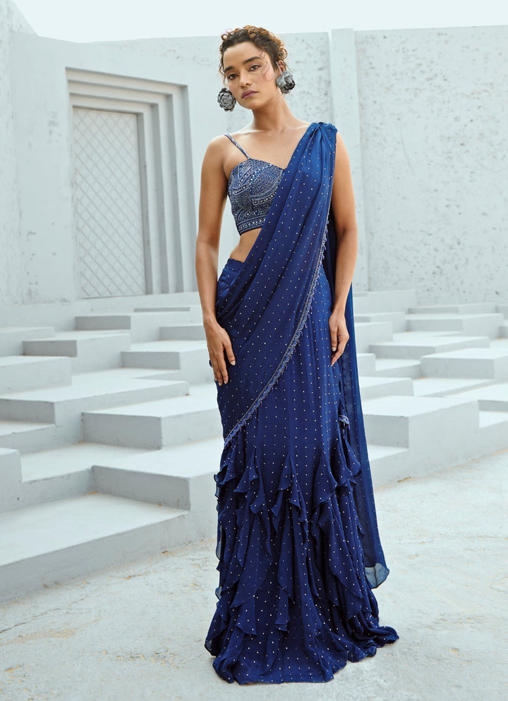 Deep Blue Embroidered And Pre Stitched Georgette Saree Chamee and Palak - Fabilicious Fashion