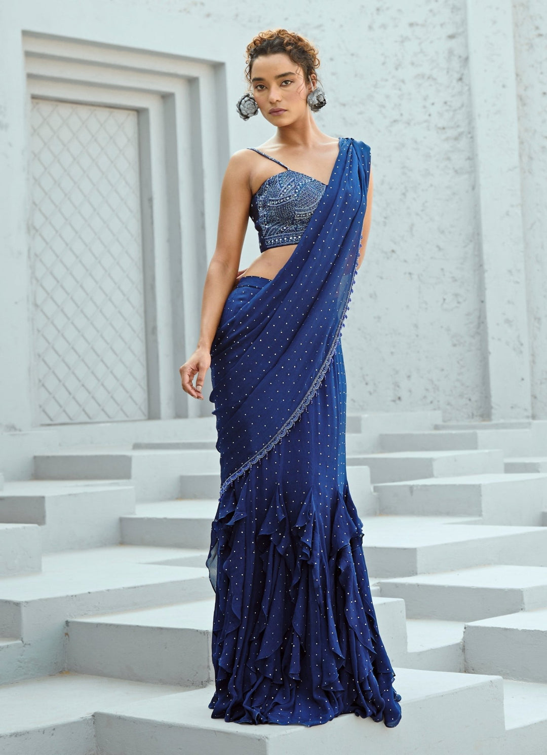 Deep Blue Embroidered And Pre Stitched Georgette Saree Chamee and Palak - Fabilicious Fashion