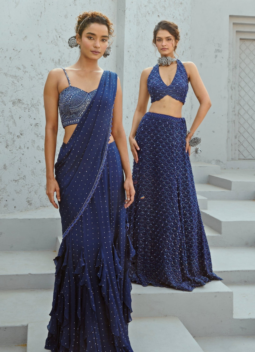 Deep Blue Embroidered And Pre Stitched Georgette Saree Chamee and Palak - Fabilicious Fashion