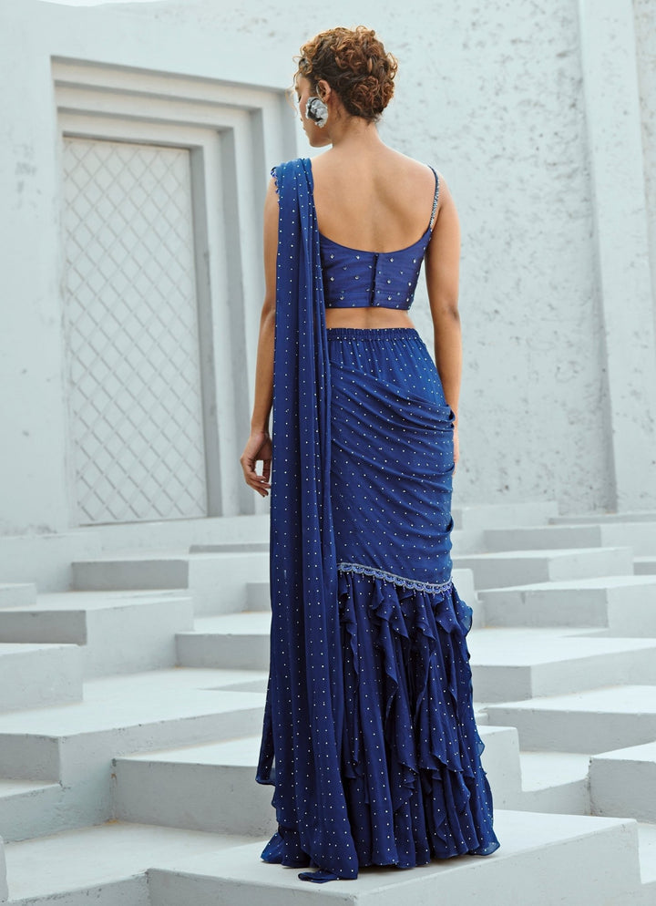 Deep Blue Embroidered And Pre Stitched Georgette Saree Chamee and Palak - Fabilicious Fashion