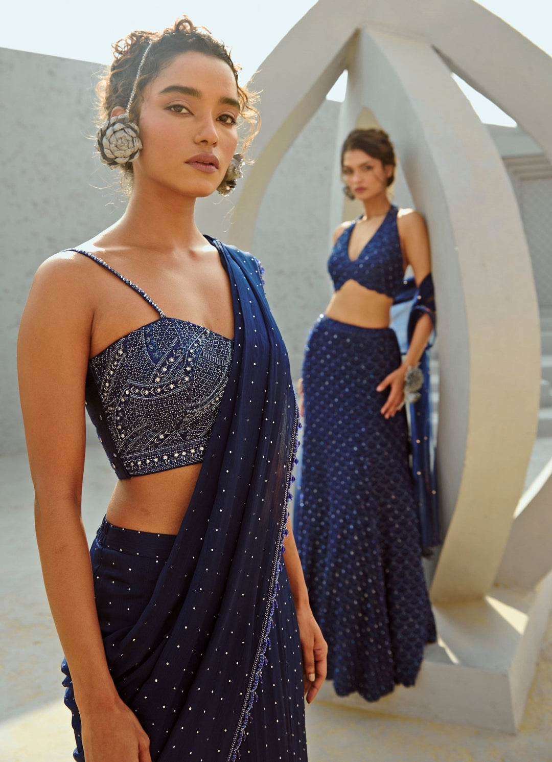Deep Blue Embroidered And Pre Stitched Georgette Saree Chamee and Palak - Fabilicious Fashion