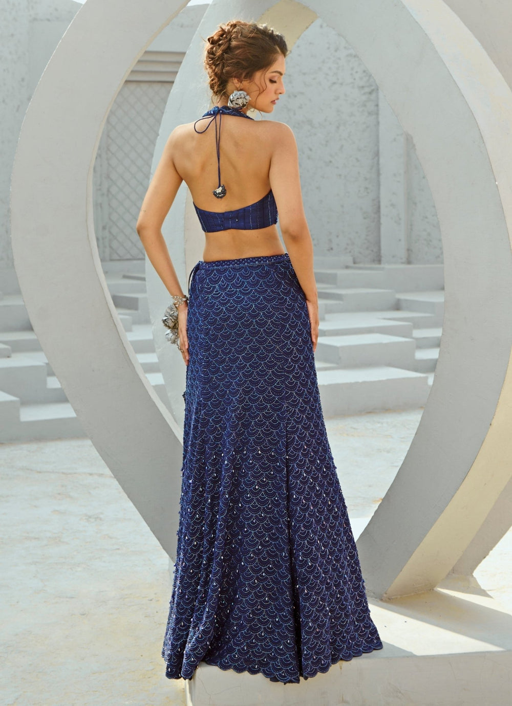 Deep Blue Embroidered Crepe Lehenga With Halter Blouse Chamee and Palak - Fabilicious Fashion