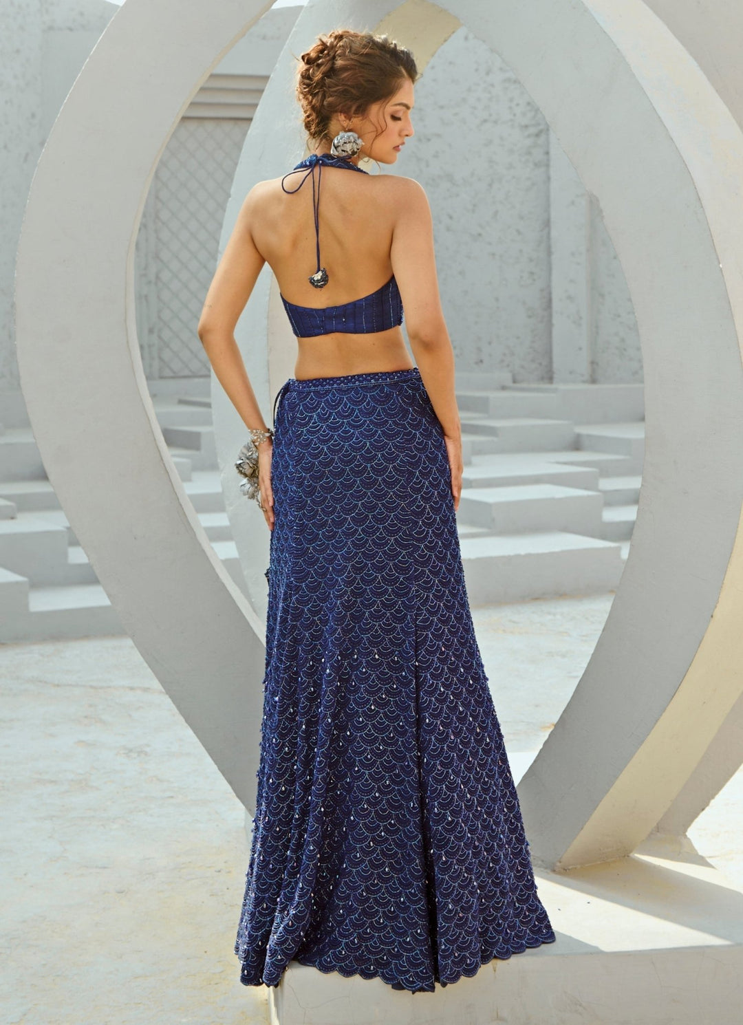 Deep Blue Embroidered Crepe Lehenga With Halter Blouse Chamee and Palak - Fabilicious Fashion