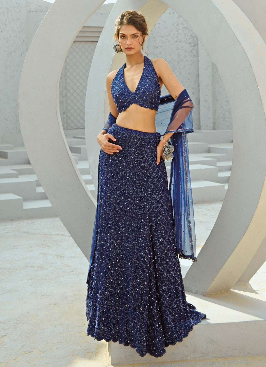 Deep Blue Embroidered Crepe Lehenga With Halter Blouse Chamee and Palak - Fabilicious Fashion