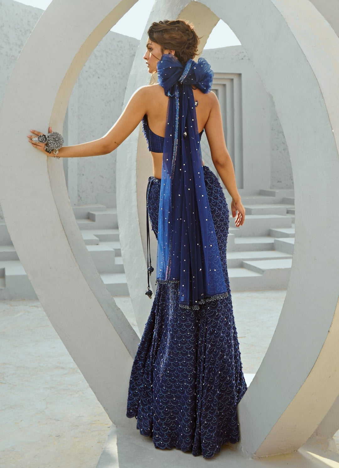 Deep Blue Embroidered Crepe Lehenga With Halter Blouse Chamee and Palak - Fabilicious Fashion