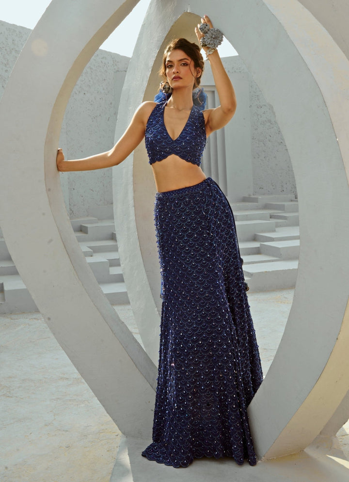 Deep Blue Embroidered Crepe Lehenga With Halter Blouse Chamee and Palak - Fabilicious Fashion