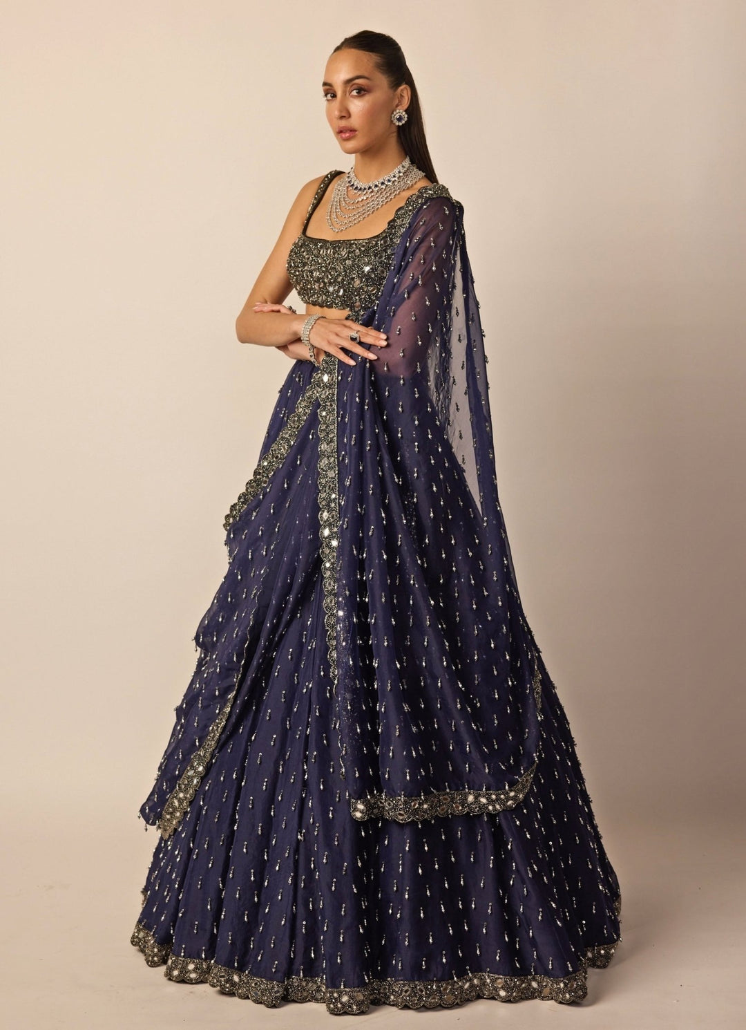 Deep Blue Embroidered Organza Lehenga Set Vvani by Vani Vats - Fabilicious Fashion