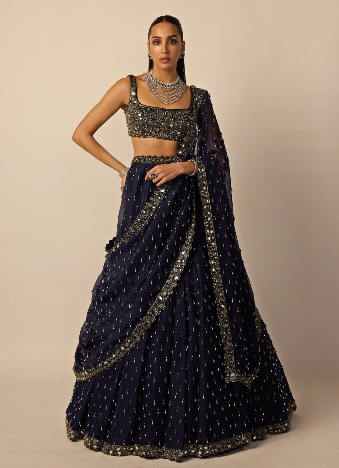 Deep Blue Embroidered Organza Lehenga Set Vvani by Vani Vats - Fabilicious Fashion