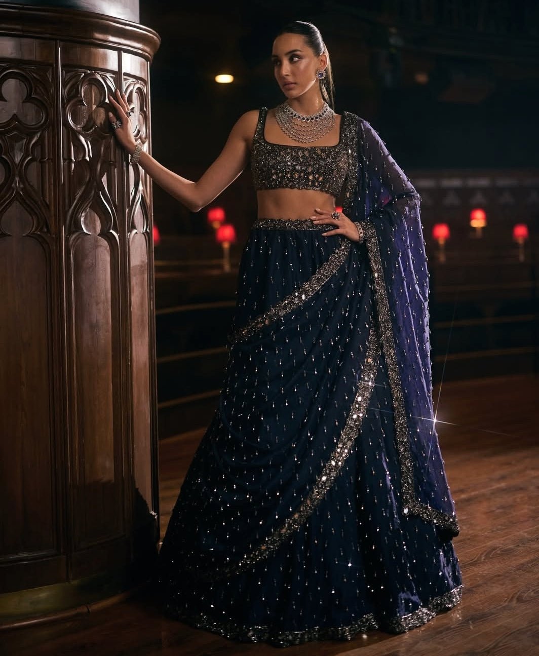 Deep Blue Embroidered Organza Lehenga Set Vvani by Vani Vats - Fabilicious Fashion