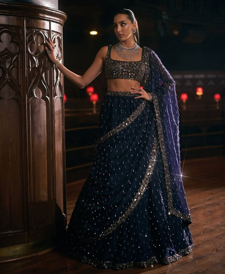 Deep Blue Embroidered Organza Lehenga Set Vvani by Vani Vats - Fabilicious Fashion