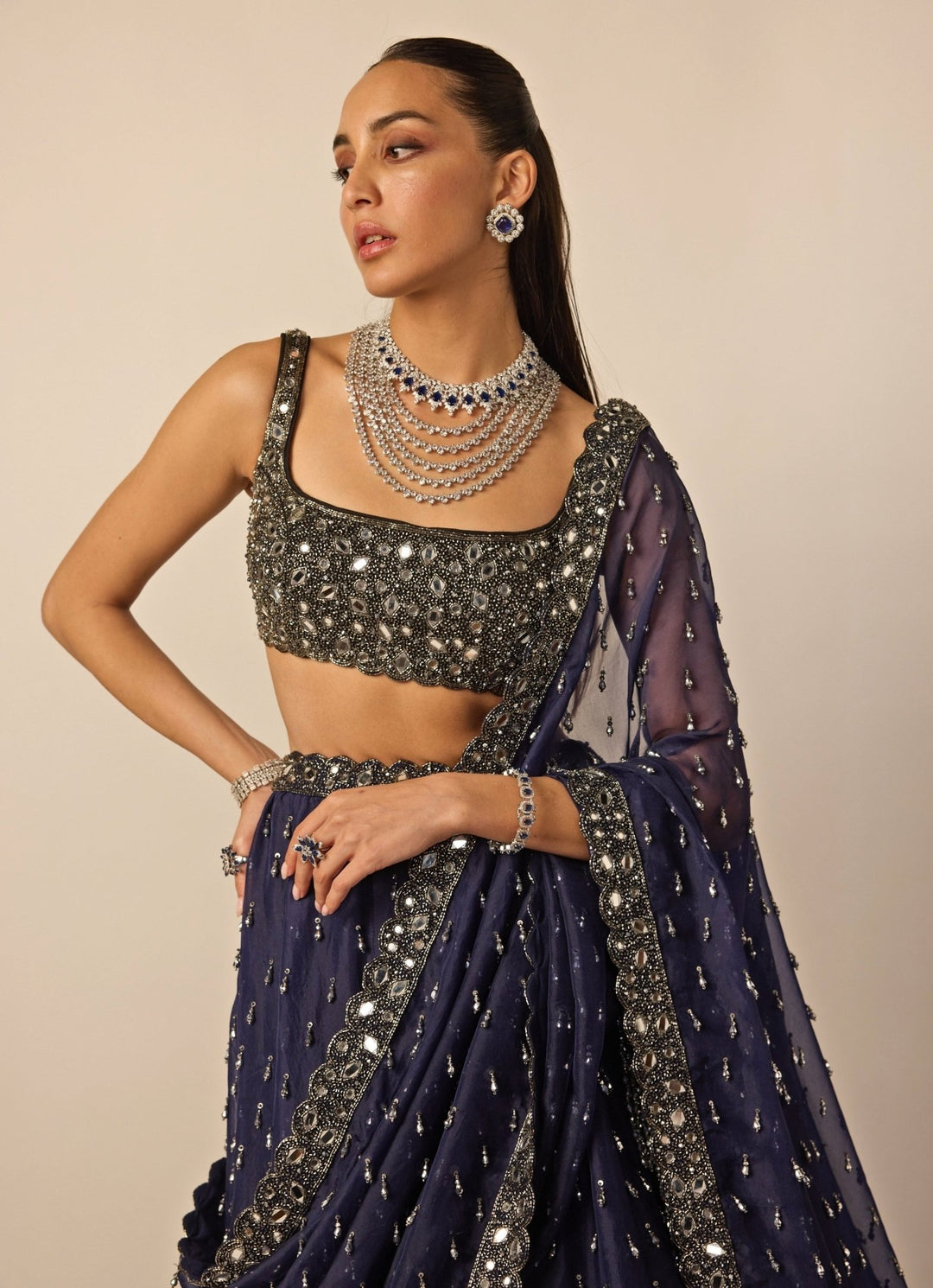 Deep Blue Embroidered Organza Lehenga Set Vvani by Vani Vats - Fabilicious Fashion