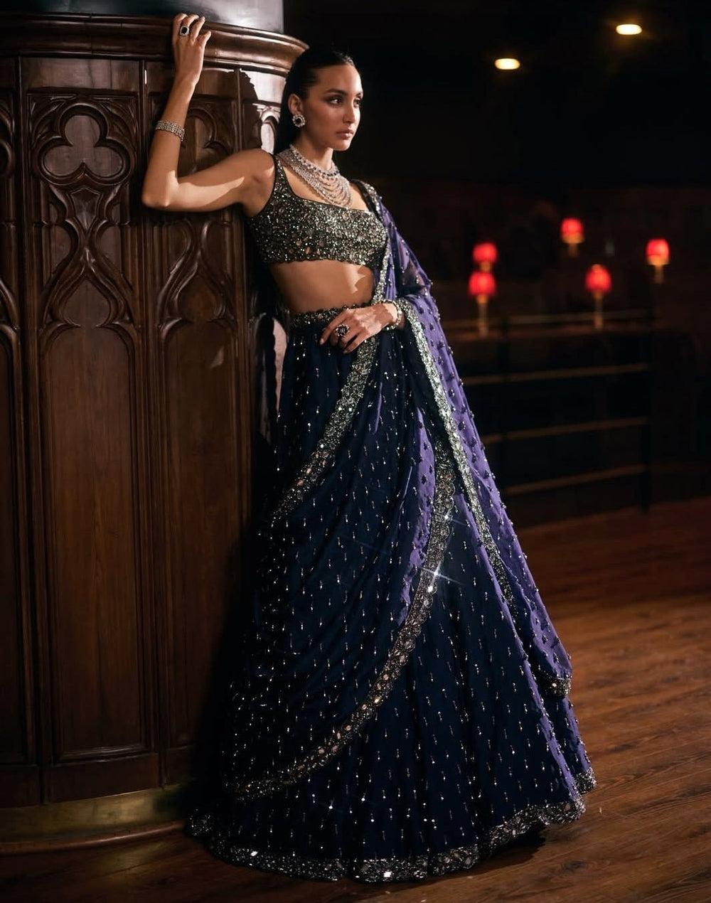 Deep Blue Embroidered Organza Lehenga Set Vvani by Vani Vats - Fabilicious Fashion