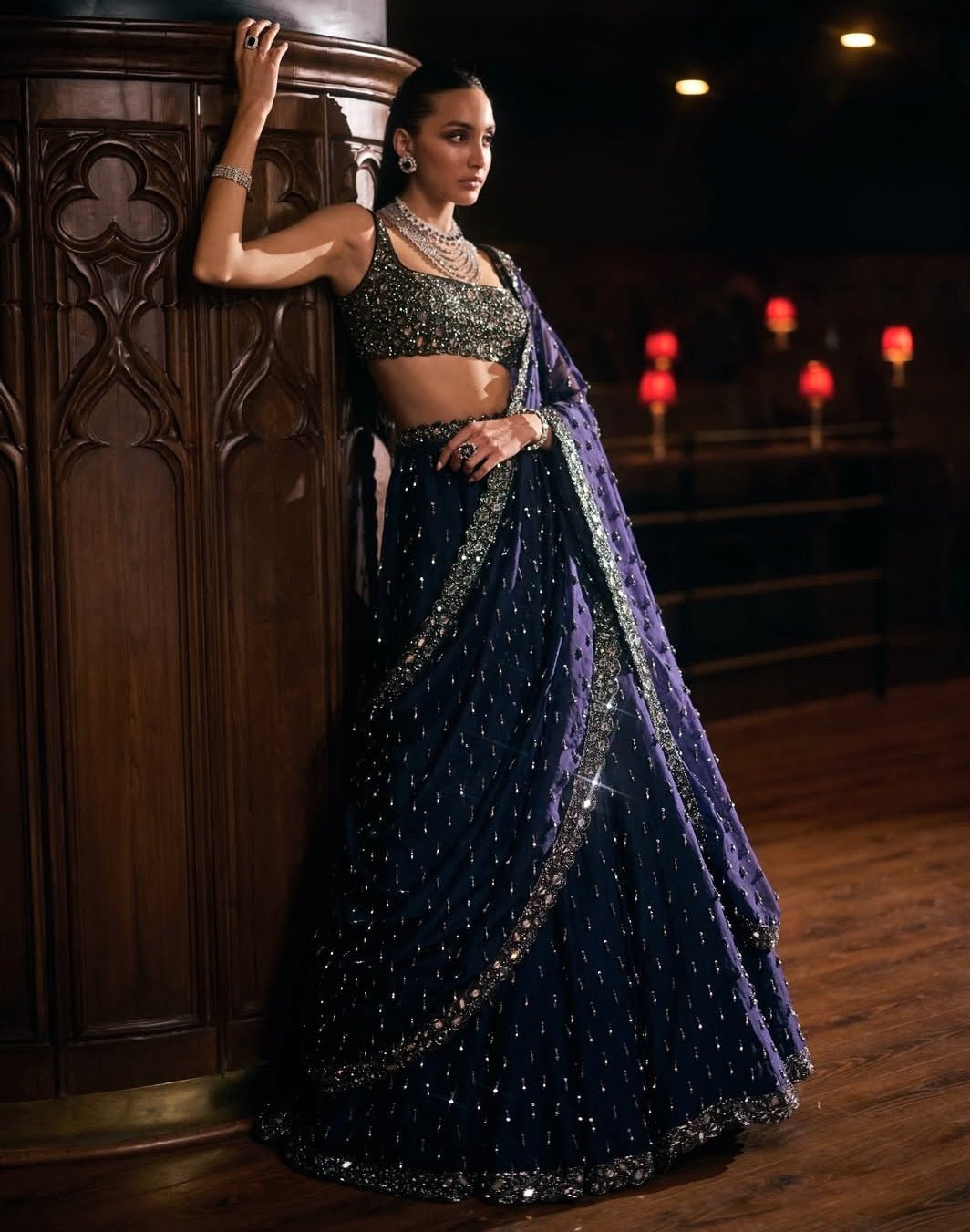 Deep Blue Embroidered Organza Lehenga Set Vvani by Vani Vats - Fabilicious Fashion