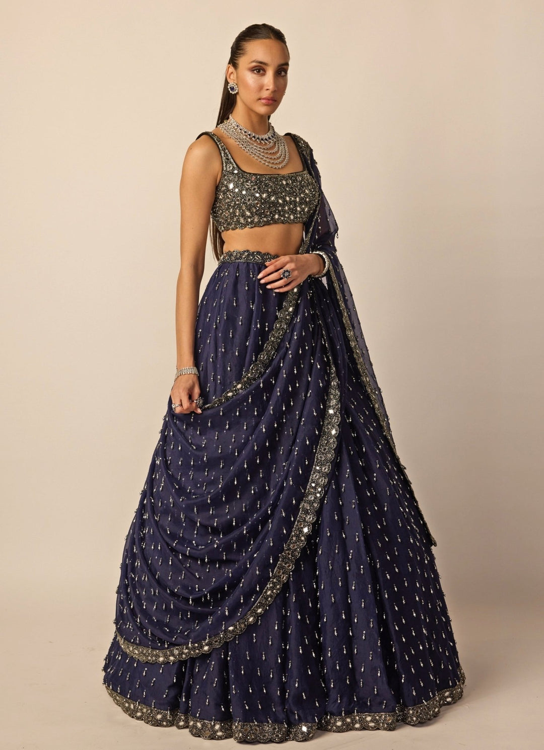 Deep Blue Embroidered Organza Lehenga Set Vvani by Vani Vats - Fabilicious Fashion