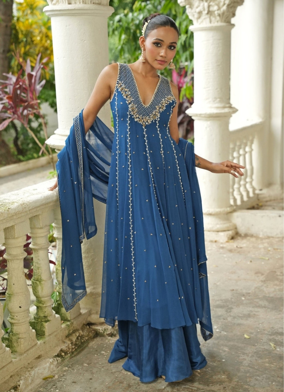 Deep Blue Georgette Anarkali Set With Sharara Enamour by Radha - Fabilicious Fashion