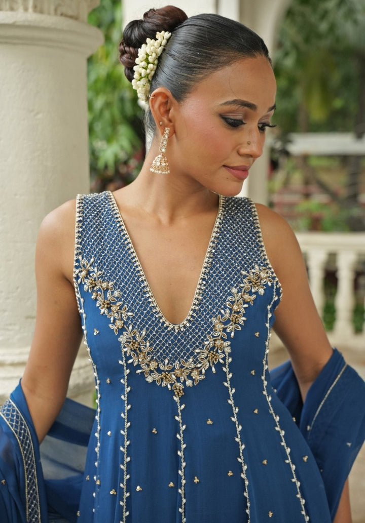 Deep Blue Georgette Anarkali Set With Sharara Enamour by Radha - Fabilicious Fashion