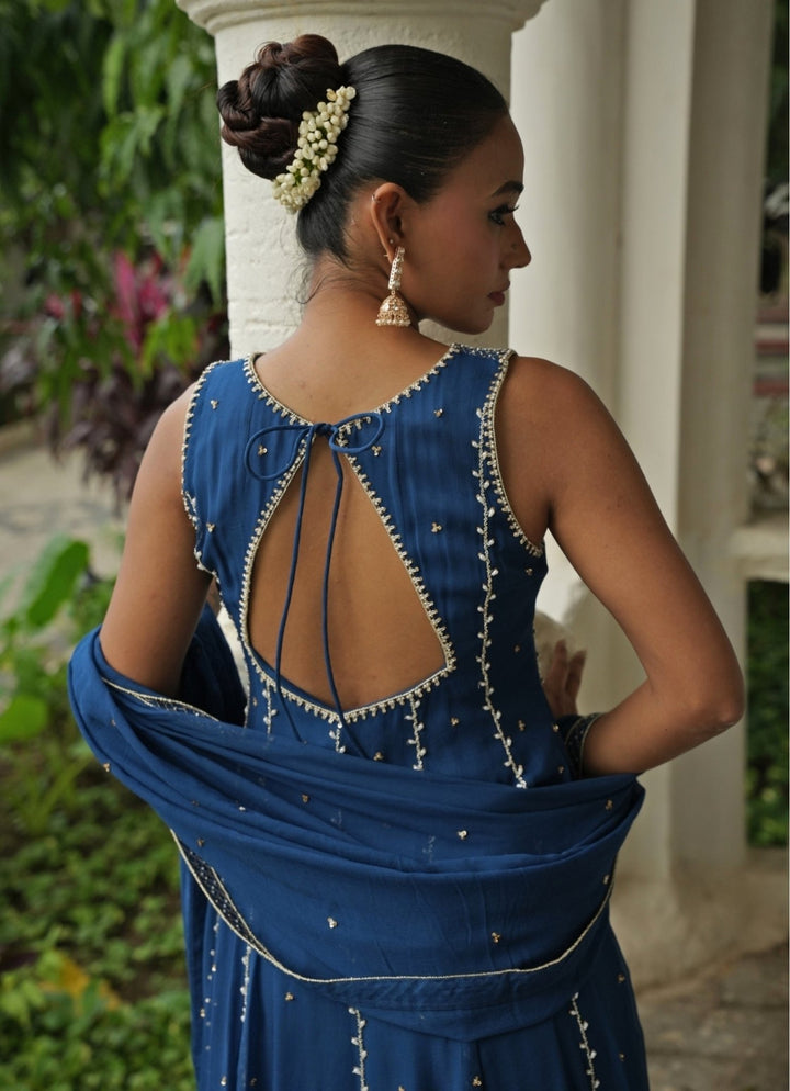 Deep Blue Georgette Anarkali Set With Sharara Enamour by Radha - Fabilicious Fashion