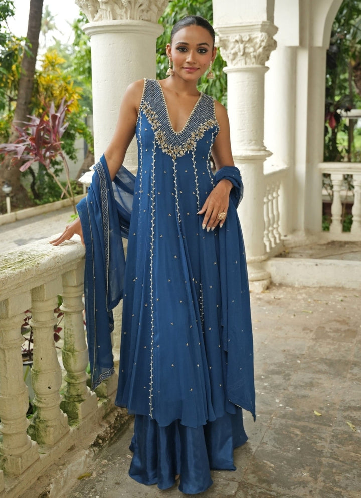Deep Blue Georgette Anarkali Set With Sharara Enamour by Radha - Fabilicious Fashion